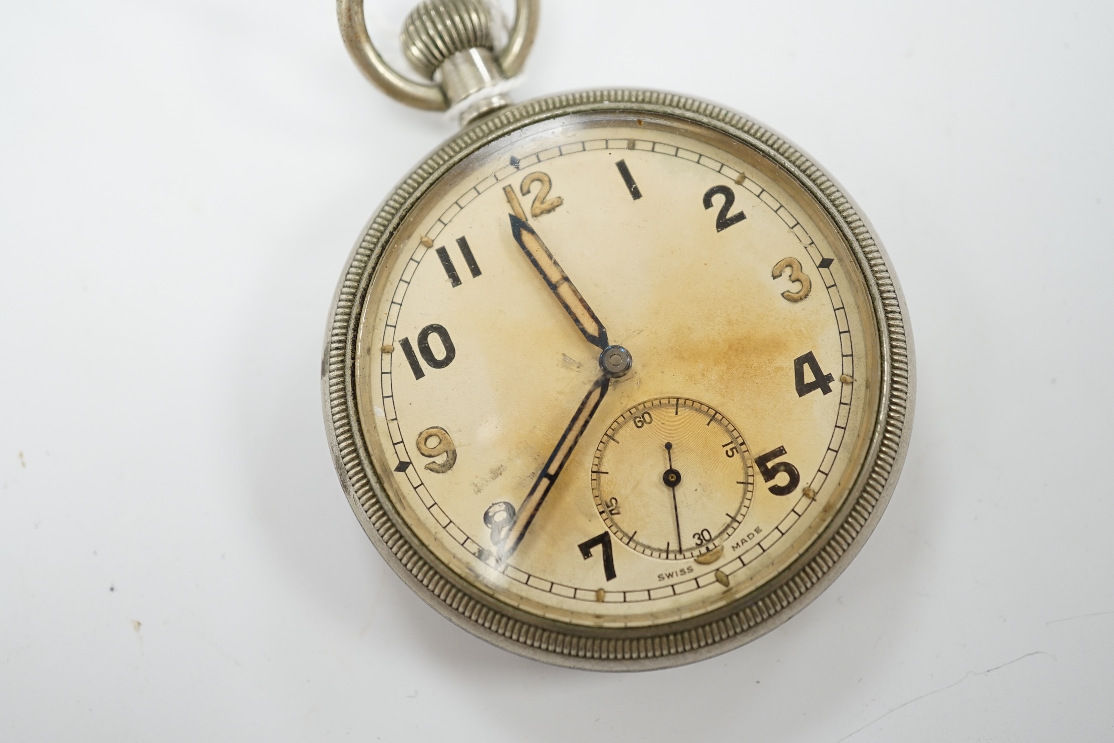 A military issue Swiss pocket watch, stamped to the reverse; GS/TP S 008448 with broad arrow.